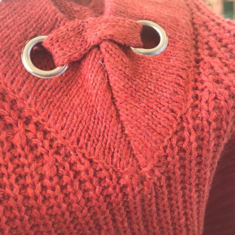Burnt Red Rib Lace Up V Neck Tweed Knit Sweater - Picture 7 of 8